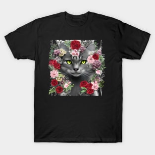 Beautiful Floral Gray Cat T-Shirt